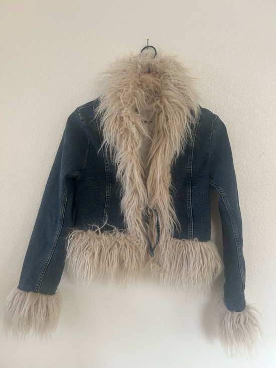 H&M Jackets & Blazers - H&M Dark Blue Denim Jacket with Cream Faux Fur Trim